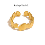 Gold Stainless Steel Beach Shell Seashell Ring, Flower Fish Open Band Ring, Fashion Summer Jewelry AL1257