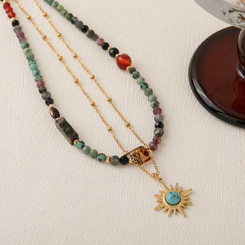 Colorful Natural Stones Beaded Necklace, Turquoise Star Pendant Necklace, Boho Summer Jewelry AL1259