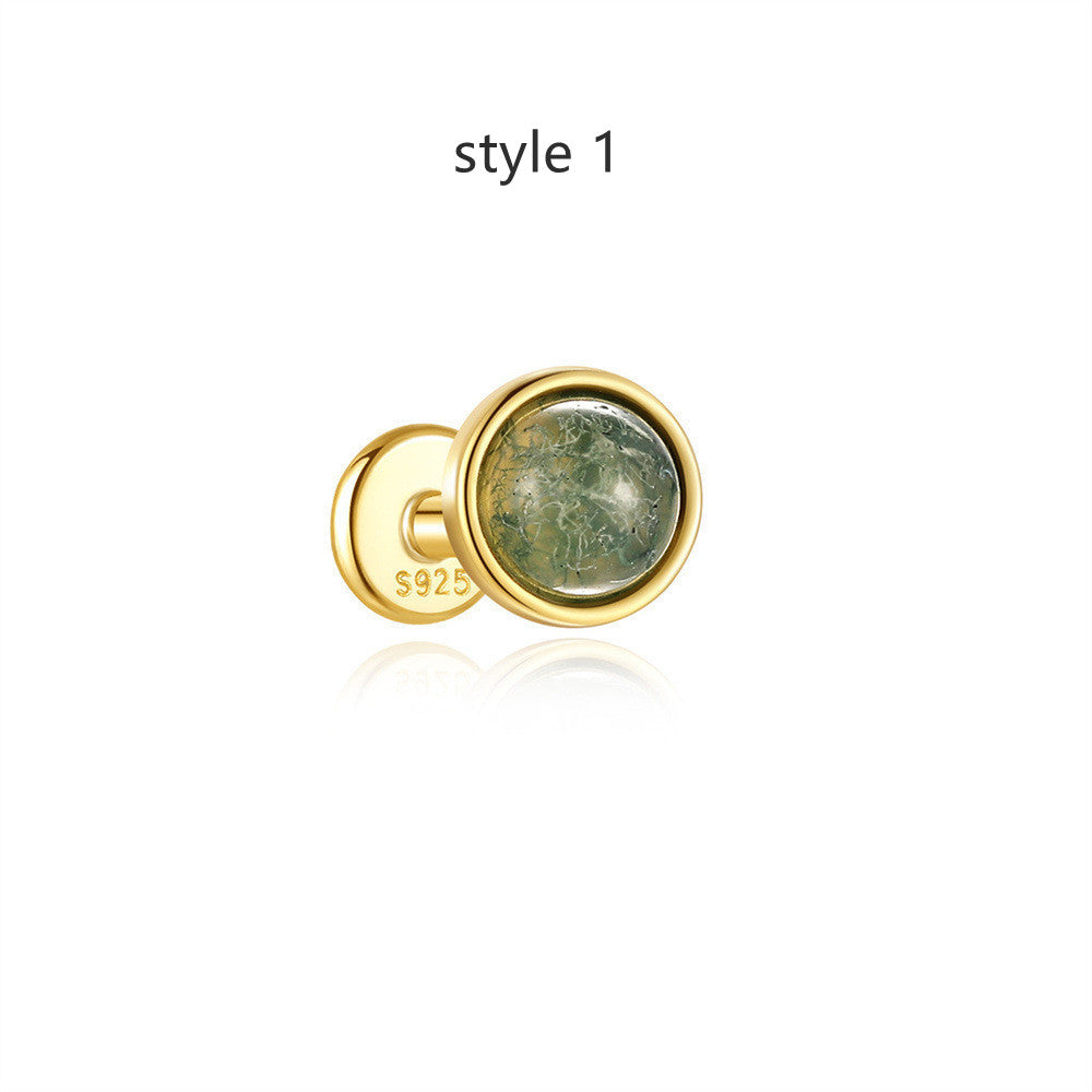 1 pcs of S925 Silver Geometric Natural Green Moss Agate Cartilage Studs Earring, Flat Back Earrings, Piercing Ear Jewelry For Women AL1262