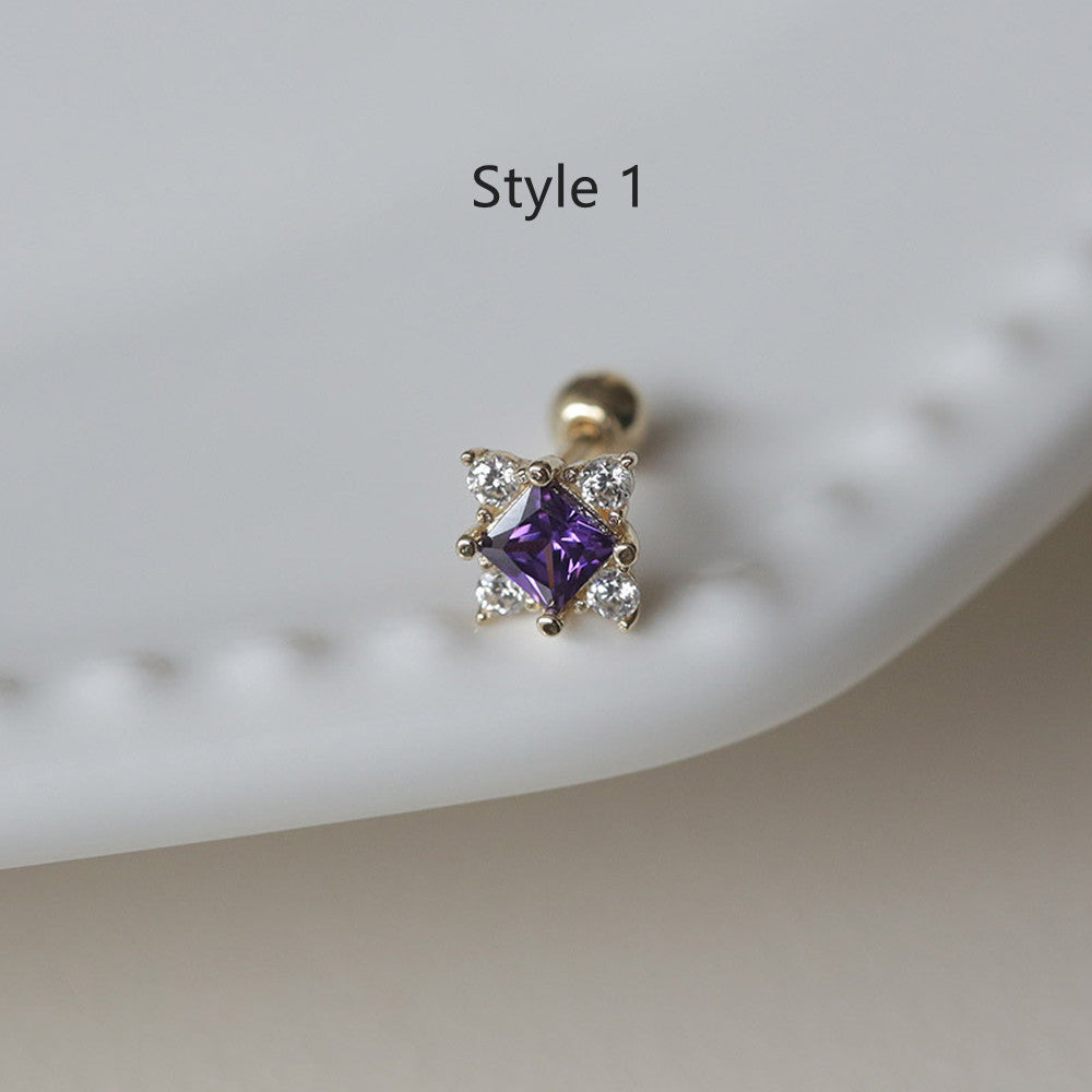 1 Pcs of S925 Silver Purple Square CZ Stud Earrings Zircon Cartilage Studs, Fashion Jewelry For Women AL1263