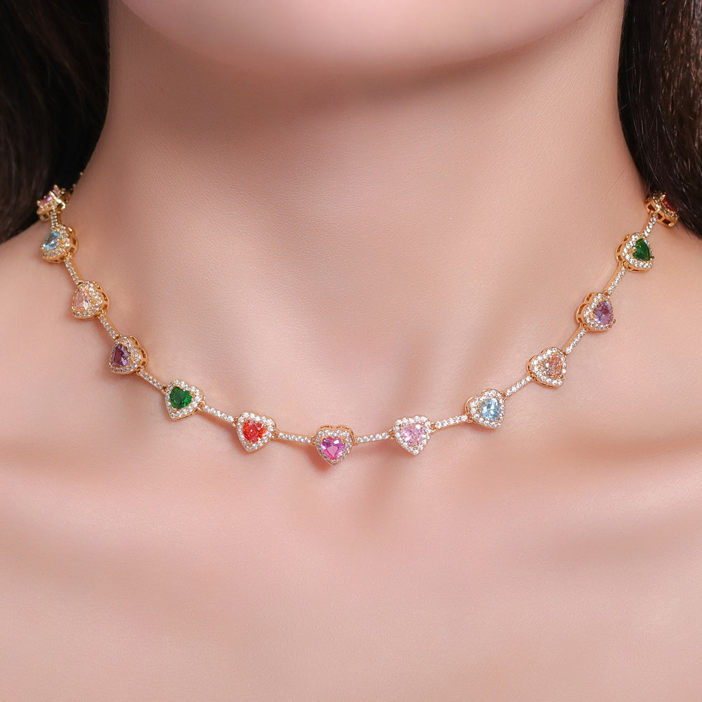 15" Rainbow Heart Zircon Choker Necklace CZ Necklace Plated with 18k Gold AL1274