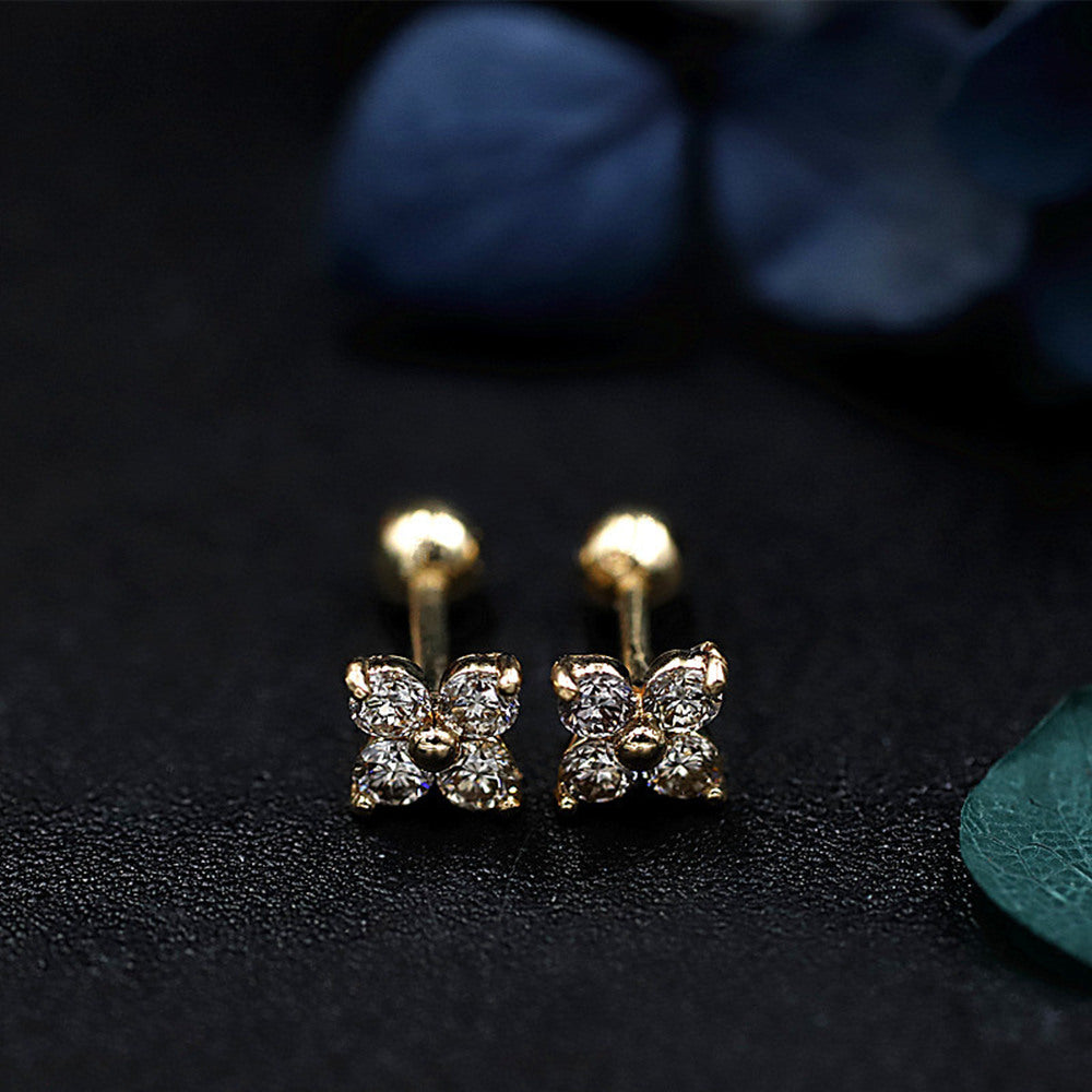 Four-Leaf Clover Zircon Cartilage Stud Earrings, S925 Silver Flat Back Floral Studs, Helix Piercing AL1275