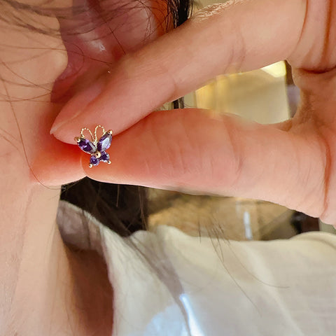 Purple Butterfly Zircon Cartilage Studs Earrings, S925 Silver Flat Back, Threaded Screw Studs AL1276