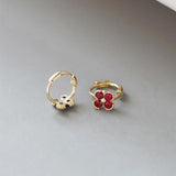 Rainbow Four-Leaf Flower Cartilage Earrings CZ Small Hoops, S925 Sterling Silver in 18k Gold Plated Floral Earring AL1278