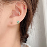 Rainbow Four-Leaf Flower Cartilage Earrings CZ Small Hoops, S925 Sterling Silver in 18k Gold Plated Floral Earring AL1278