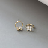 Rainbow Four-Leaf Flower Cartilage Earrings CZ Small Hoops, S925 Sterling Silver in 18k Gold Plated Floral Earring AL1278
