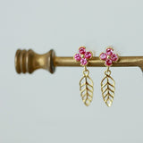 Dainty Small Pink Flower Gold Leaf 925 Silver Stud Earrings in 14k Gold, Summer Floral Jewelry AL1283
