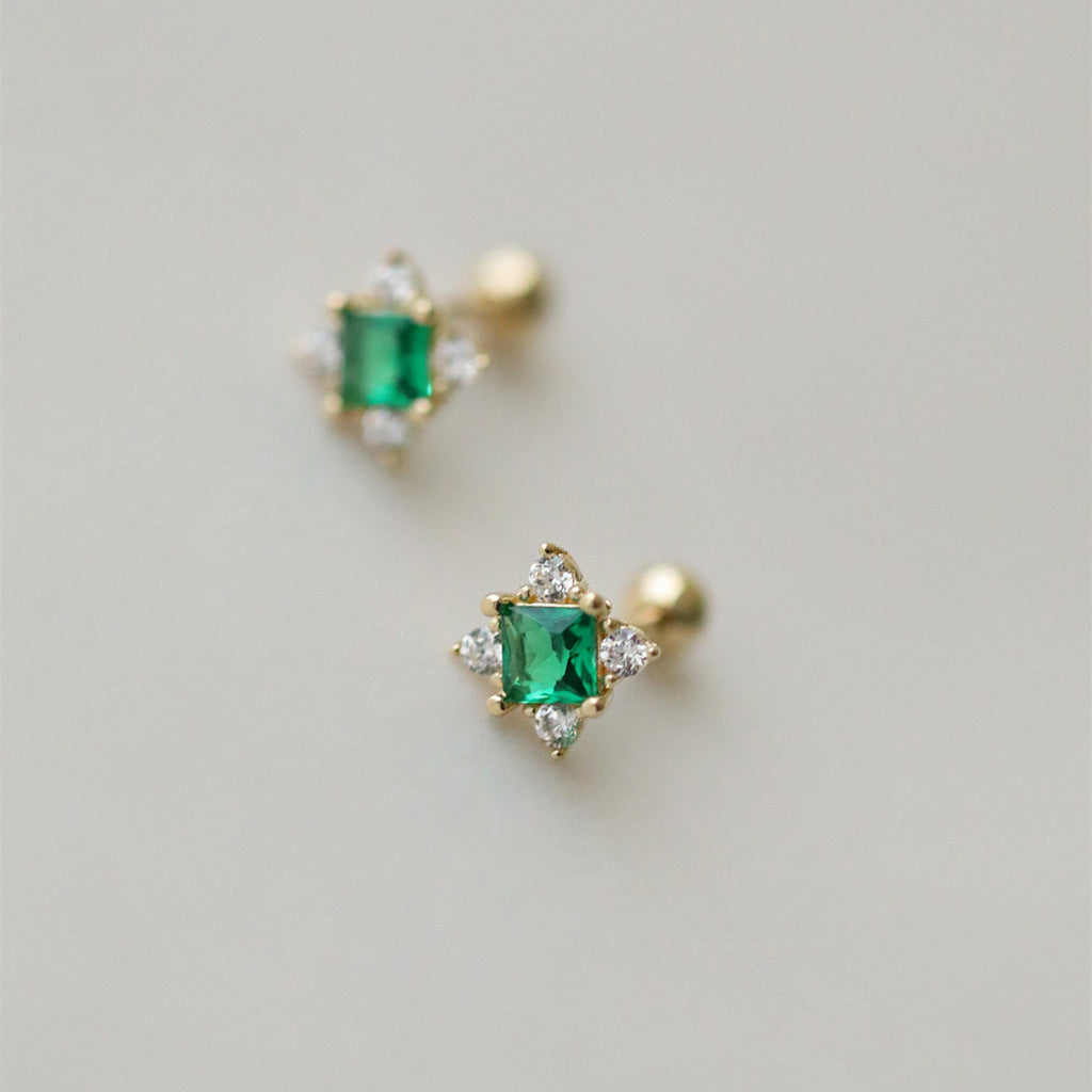 Dainty Emerald Green Square CZ Stud Earrings, 925 Silver Threaded Post, Screw Ball Backs, Mini Size AL1284