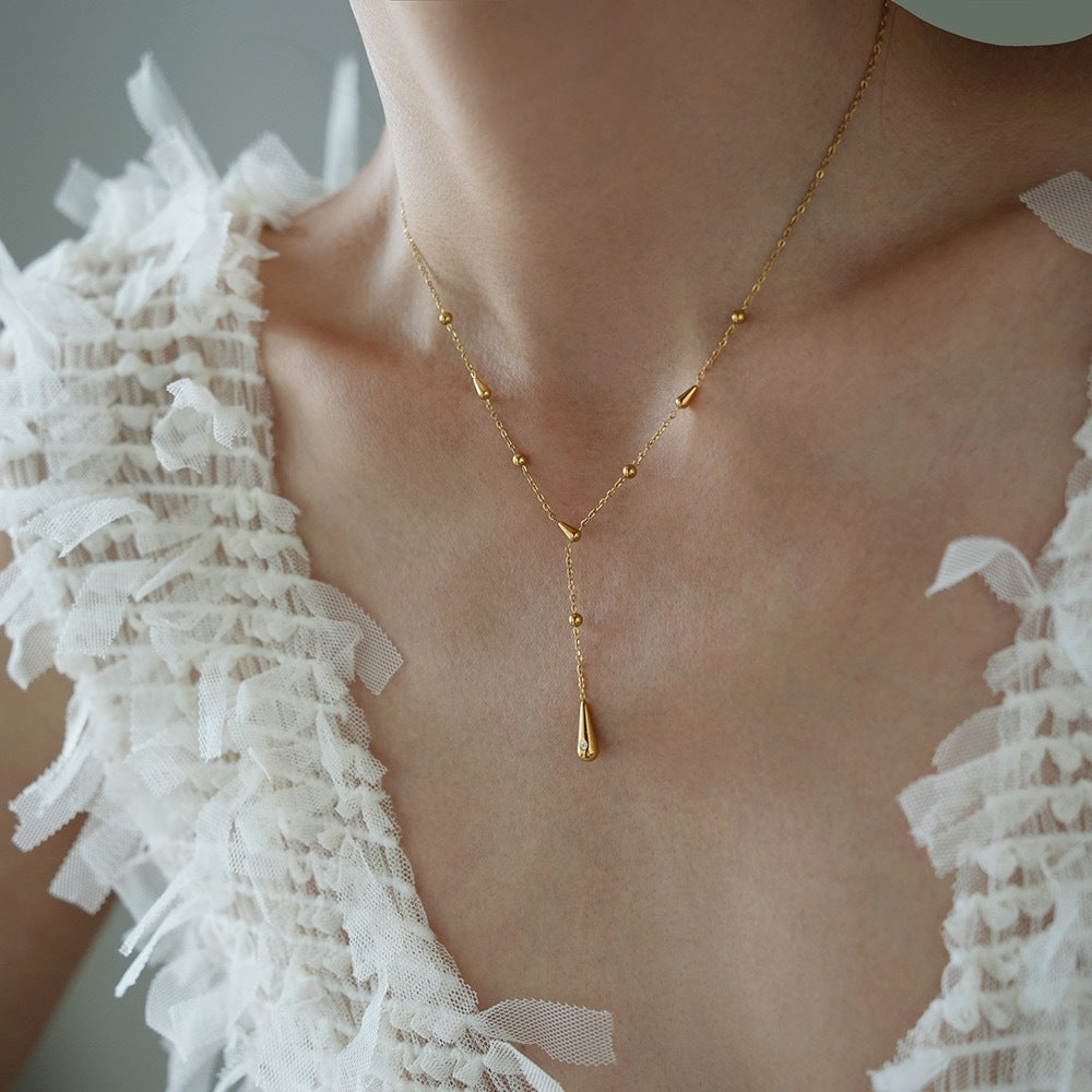 Gold Titanium Steel Multi Teardrops Tassel Y Necklace AL1285