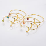 Gold Plated Raw Birthstone Star Moon Open Bracelet, Adjustable Gemstone Cuff, Fashion Jewelry AL727