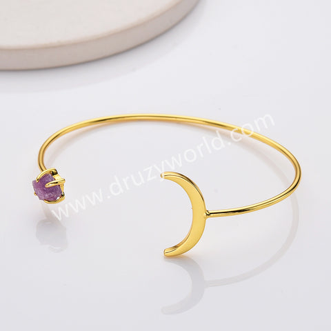 Gold Plated Raw Birthstone Star Moon Open Bracelet, Adjustable Gemstone Cuff, Fashion Jewelry AL727