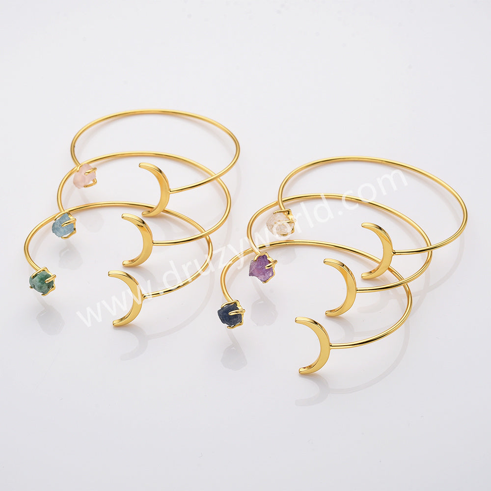 Gold Plated Raw Birthstone Star Moon Open Bracelet, Adjustable Gemstone Cuff, Fashion Jewelry AL727