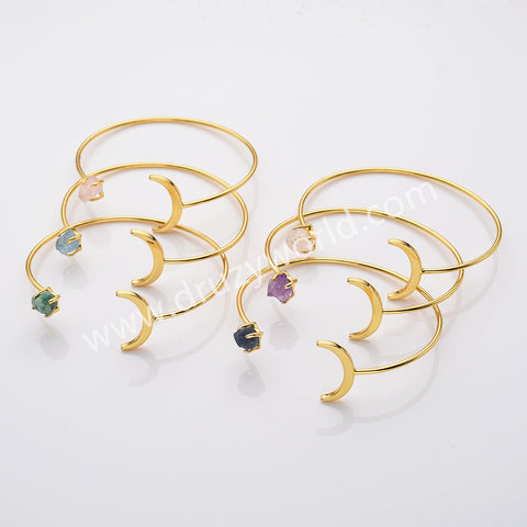 Gold Plated Raw Birthstone Star Moon Open Bracelet, Adjustable Gemstone Cuff, Fashion Jewelry AL727
