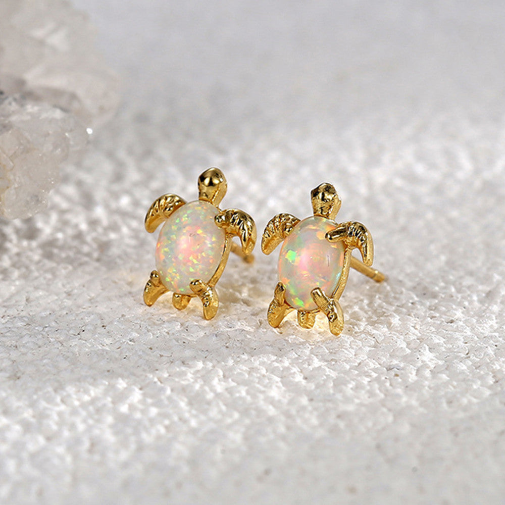 Gold Plated Brass Turtle White Opal Stud Earrings AL754