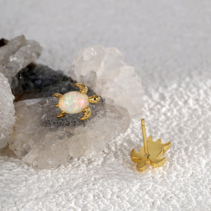 Gold Plated Brass Turtle White Opal Stud Earrings AL754