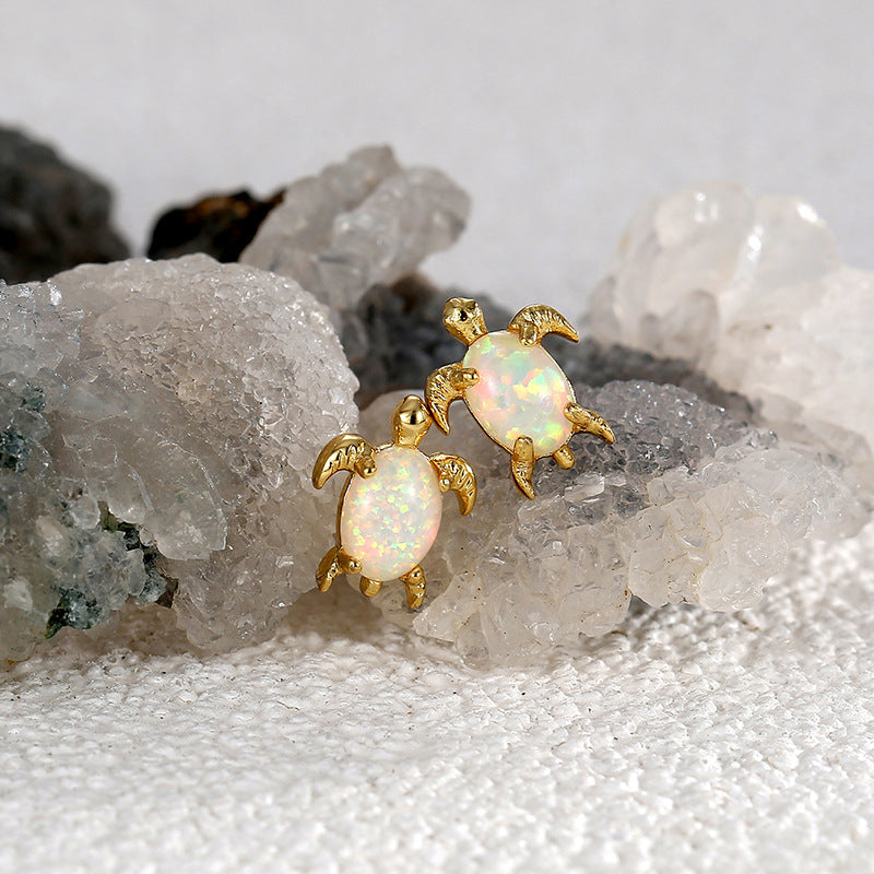 Gold Plated Brass Turtle White Opal Stud Earrings AL754