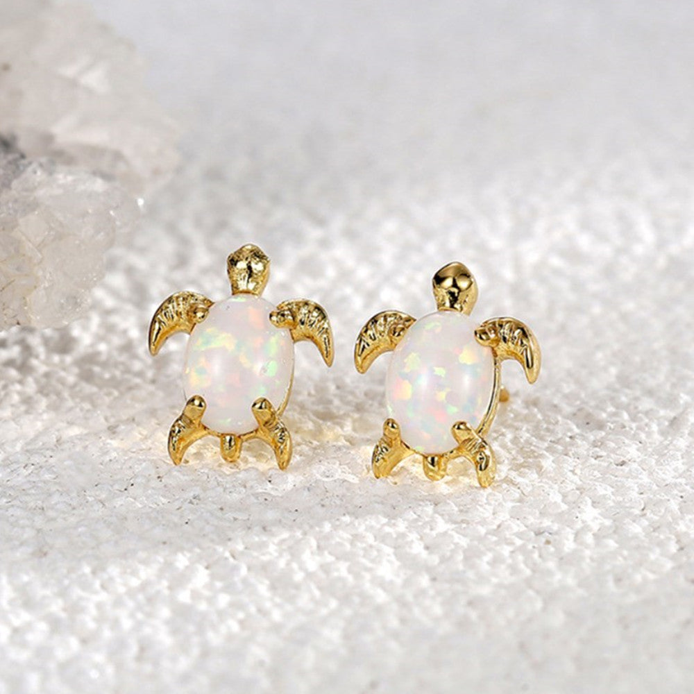 Gold Plated Brass Oval White Opal Turtle Stud Earrings AL754
