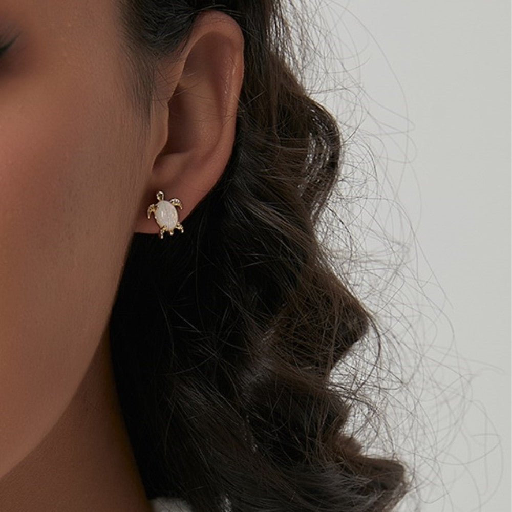Gold Plated Brass Oval White Opal Turtle Stud Earrings AL754
