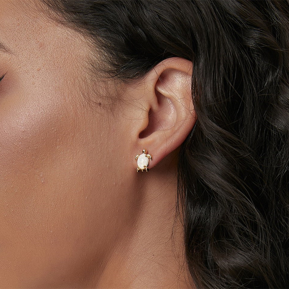 Gold Plated Brass Oval White Opal Turtle Stud Earrings AL754