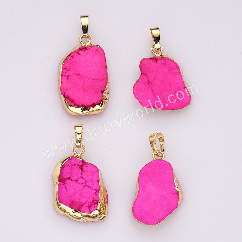Gold Plated Freeform Pink Howlite Turquoise Pendant Bead, For Jewelry Making AL759
