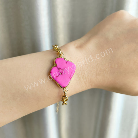 Gold Plated Pink Howlite Bracelet, Boho Jewelry AL763