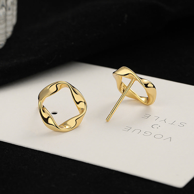 S925 Sterling Silver Smooth Gold Twisted Circle Mobius Stud Earrings, Fashion Jewelry AL797