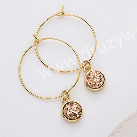 Gold Plated Bezel Titanium Druzy Geode Hoop Earrings, Boho Jewelry AL798