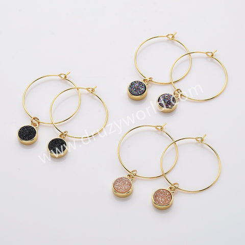 Gold Plated Bezel Titanium Druzy Geode Hoop Earrings, Boho Jewelry AL798