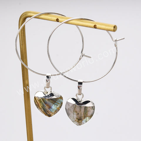 Heart Aquamarine Gemstone Faceted Hoop Dangle Earrings Silver Plated Jewelry AL810