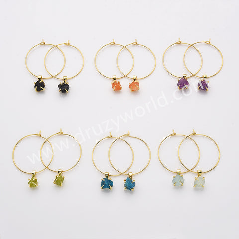 Gold Claw Raw Rainbow Gemstone 30mm Hoop Earrings, Birthstone Dangle Earrings For Women AL822