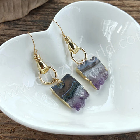 Gold Plated Hand Raw Amethyst Agate Druzy Slice Dangle Earrings AL838