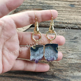 Gold Plated Hand Raw Amethyst Agate Druzy Slice Dangle Earrings AL838