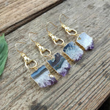 Gold Plated Hand Raw Amethyst Agate Druzy Slice Dangle Earrings AL838
