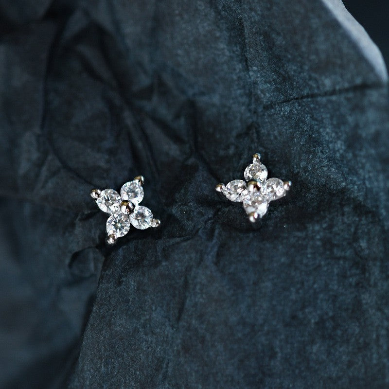 925 Sterling Silver Four Leaf Clover Stud Earrings Zircon Post Earrings, Lucky Lady Fashion Jewelry AL850