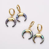 Gold Plated Natural Abalone Shell Crescent Moon Hoop Earrings, Boho Beach Shell Horn Earrings AL877