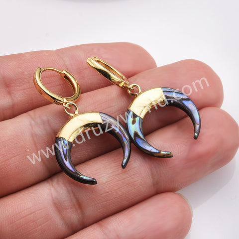 Gold Plated Natural Abalone Shell Crescent Moon Hoop Earrings, Boho Beach Shell Horn Earrings AL877