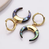 Gold Plated Natural Abalone Shell Crescent Moon Hoop Earrings, Boho Beach Shell Horn Earrings AL877