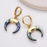 Gold Plated Natural Abalone Shell Crescent Moon Hoop Earrings, Boho Beach Shell Horn Earrings AL877