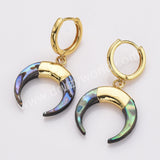 Gold Plated Natural Abalone Shell Crescent Moon Hoop Earrings, Boho Beach Shell Horn Earrings AL877