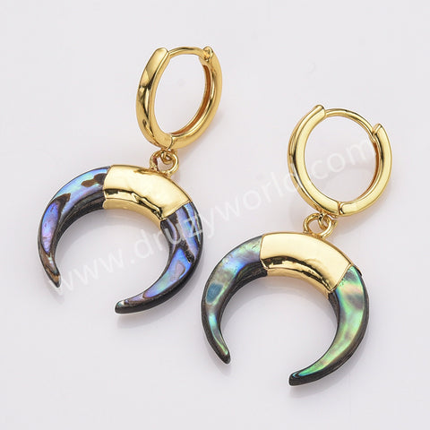 Gold Plated Natural Abalone Shell Crescent Moon Hoop Earrings, Boho Beach Shell Horn Earrings AL877