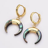 Gold Plated Natural Abalone Shell Crescent Moon Hoop Earrings, Boho Beach Shell Horn Earrings AL877
