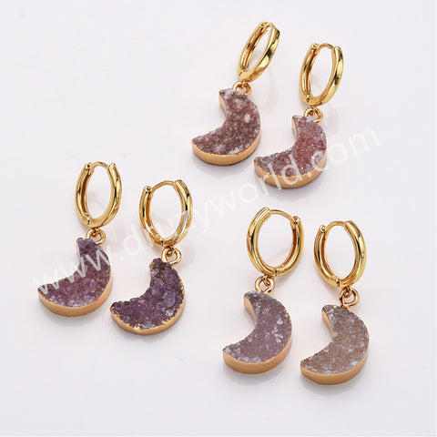 Crescent Moon Gold Plated Agate Druzy Geode Jewelry Natural Color Drusy Druzy Hoop Earrings AL878