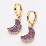 Crescent Moon Gold Plated Agate Druzy Geode Jewelry Natural Color Drusy Druzy Hoop Earrings AL878