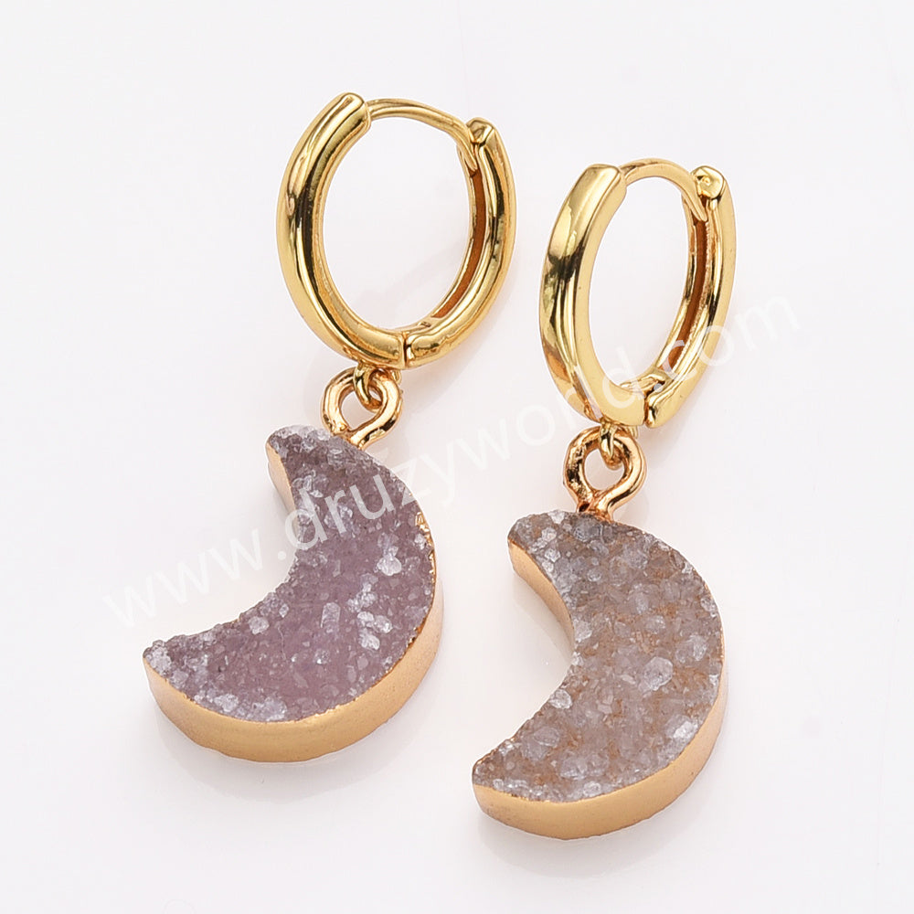 Crescent Moon Gold Plated Agate Druzy Geode Jewelry Natural Color Drusy Druzy Hoop Earrings AL878