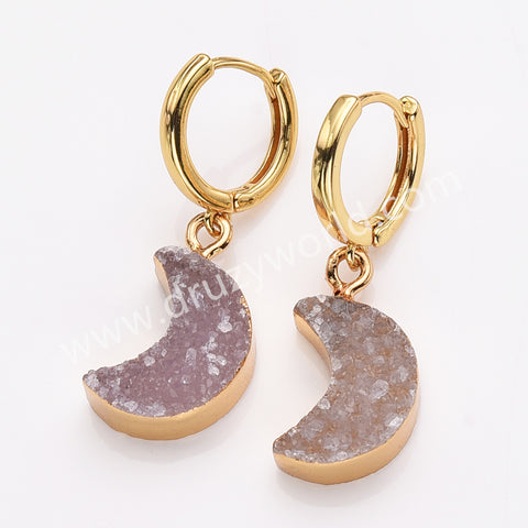Crescent Moon Gold Plated Agate Druzy Geode Jewelry Natural Color Drusy Druzy Hoop Earrings AL878