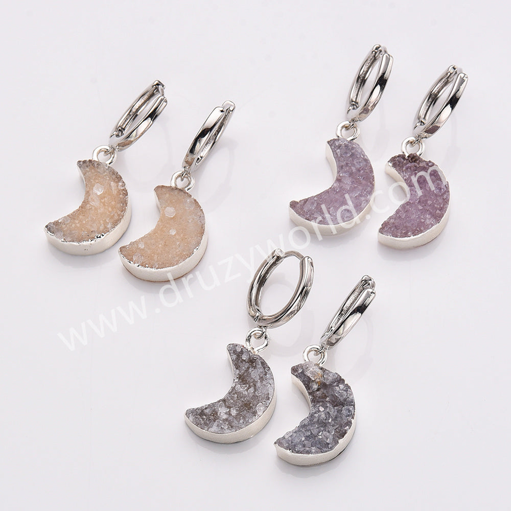 Crescent Moon Natural Colors Agate Druzy Hoop Earrings, Silver Plated Drusy Geode Earrings AL879
