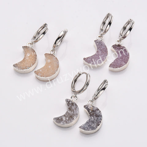 Crescent Moon Natural Colors Agate Druzy Hoop Earrings, Silver Plated Drusy Geode Earrings AL879