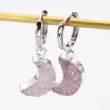 Crescent Moon Natural Colors Agate Druzy Hoop Earrings, Silver Plated Drusy Geode Earrings AL879