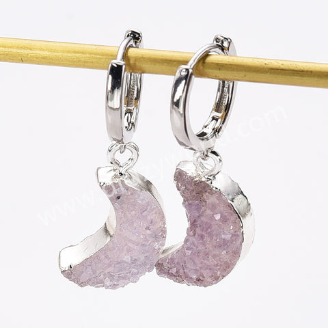 Crescent Moon Natural Colors Agate Druzy Hoop Earrings, Silver Plated Drusy Geode Earrings AL879