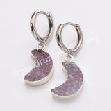 Crescent Moon Natural Colors Agate Druzy Hoop Earrings, Silver Plated Drusy Geode Earrings AL879